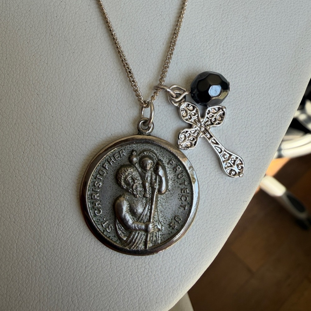 Vintage Silver tone St. Christopher Pendant Necklace with Black Bead and Cross